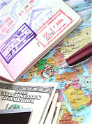 Currency, passport, map, travel items